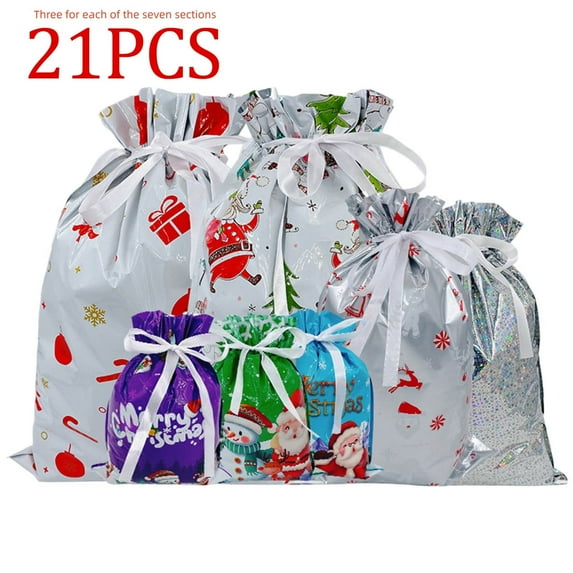Christmas Gift Bags Assorted Sizes, Colorful Patterns, Ribbon Drawstring Design, Holiday Xmas Party Supplies (21Pc A)
