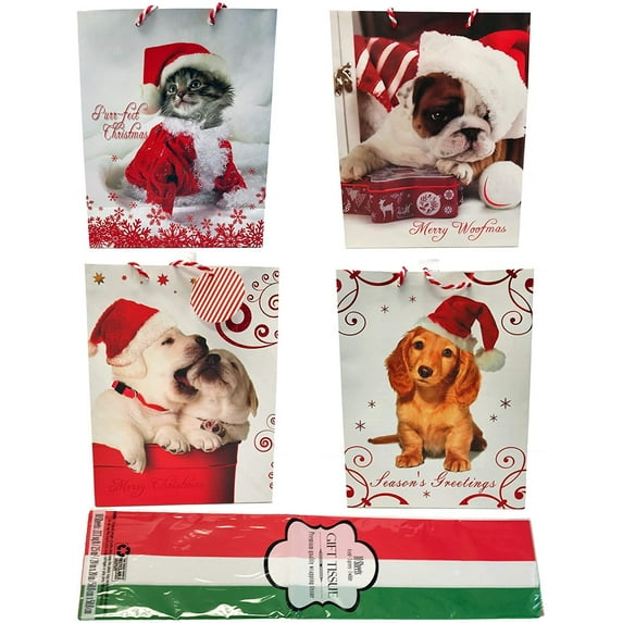 Christmas Gift Bags Bulk Set Includes 4 Large Bags and Tissue for Wrapping Holiday Gifts Santa Pets