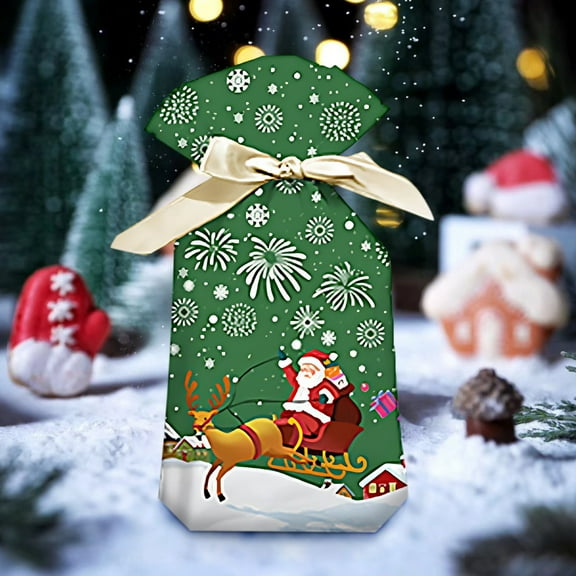 Christmas Gift Bags with Drawstring 50 PC Paper Christmas Treat Bags for Candy Gift Wrap Xmas Santa Snowflake Printing Christmas Bags for Holiday Gift Giving