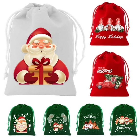 Christmas Gift Bags Drawstring Santa Sacks, 7 Pack Reusable Fabric Holiday Present Bags for Xmas Party Favors, Candy, Toys, Decorations