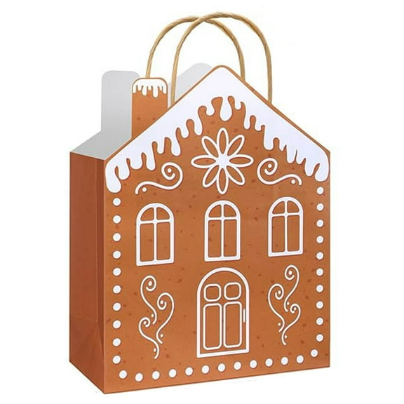 Christmas Gift Bags with Handles Gingerbread House Shaped Treat Candy Goodies Bags Bulk Cute Winter Snow Paper Bags for Christmas Holiday Party Favors Supplies 10x7 Inch