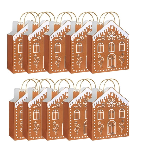 Christmas Gift Bags with Handles Gingerbread House Shaped Treat Candy Goodies Bags Bulk Cute Winter Snow Paper Bags for Christmas Holiday Party Favors Supplies 10x7 Inch