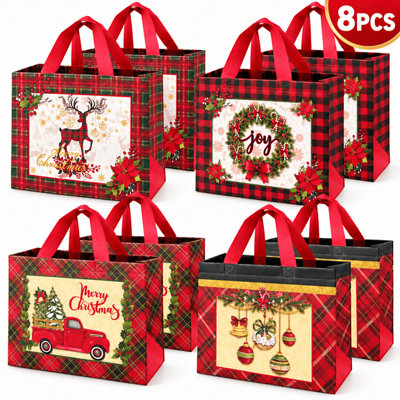 Christmas Gift Bags with Handles Reusable Large Christmas Treat Bags Non-Woven Christmas Bags for Gifts Wrapping Shopping, Xmas Party Supplies 12.8"×9.8"×6.7" 8Pcs