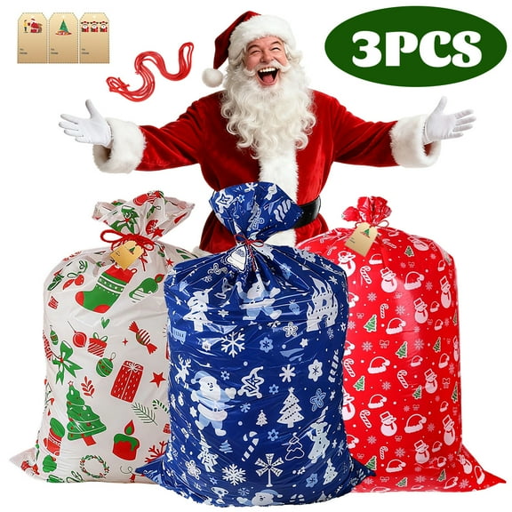 Christmas Gift Bags Jumbo Christmas Bags Plastic Large Xmas Bags Santa Bags with Tag String for Presents Wrapping Bag 36"x 60" 3Pcs Set 1