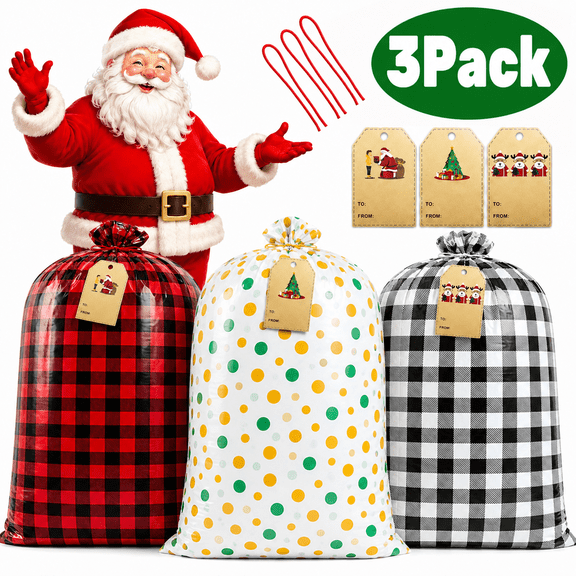 Christmas Gift Bags Large Santa Sacks Christmas Decoration Christmas Bags Reusable Drawstring Jumbo Gift Bags for Party Supplies 36" x 56" 3Pcs Desgin1