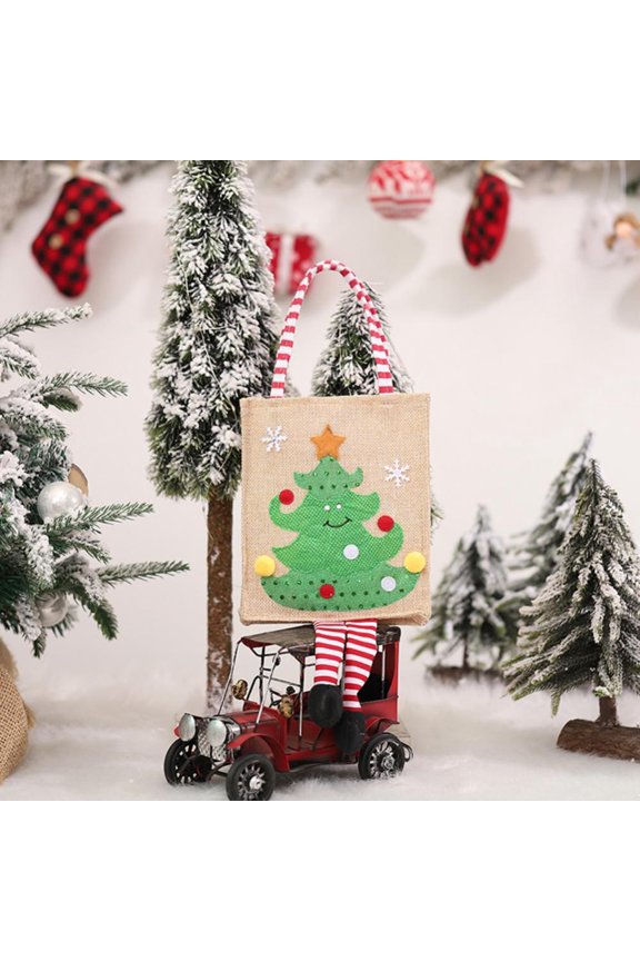 Christmas Gift Bags, Reusable Burlap Embroidered Tote Bag for Gifts, Shoulder Grocery Totes with Santa Snowman Reindeer Xmas Tree Pattern, Birthday Party Treat Handbag for Xmas Holiday Favors