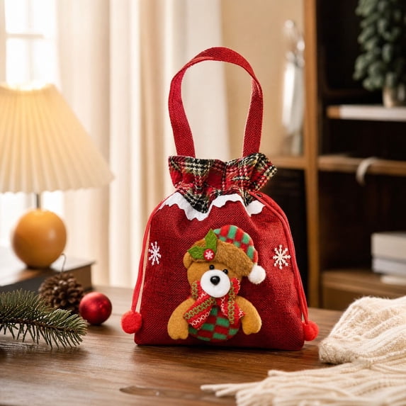 Festive Gift Bags Reusable Drawstring Gift Sacks with Handle Bear Holiday Xmas Party Favor Wrapping Bags for Candy Cookies Small Toys Stocking Stuffers, Set of 1, Cloth