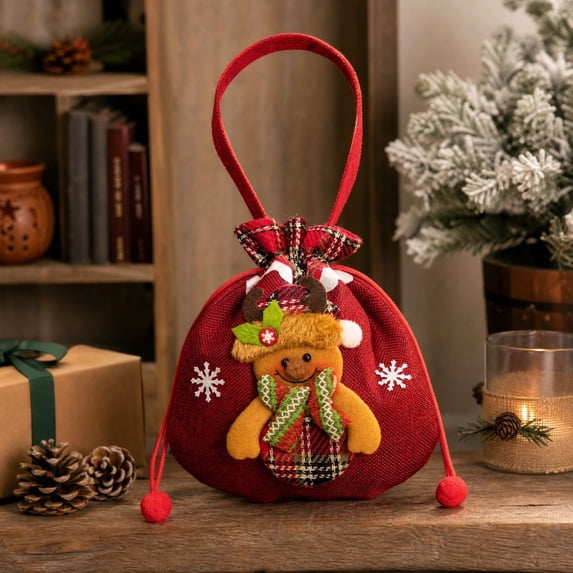 Festive Gift Bags Reusable Drawstring Gift Sacks with Handle Reindeer Holiday Xmas Party Favor Wrapping Bags for Candy Cookies Small Toys Stocking Stuffers, Set of 1, Cloth