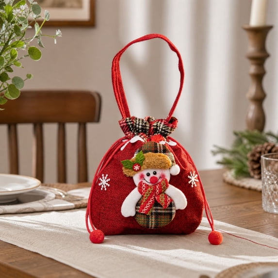 Festive Gift Bags Reusable Drawstring Gift Sacks with Handle Snowman Holiday Xmas Party Favor Wrapping Bags for Candy Cookies Small Toys Stocking Stuffers, Set of 1, Cloth