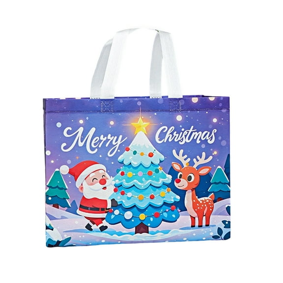 Christmas Gift Bags, Reusable Non-Woven Tote Bags with Handle, Cartoon Pattern Print Bag for Xmas Party Favors (Purple)