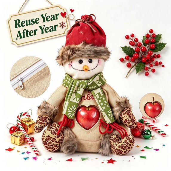 Christmas Gift Bags Zipper Design with Clear Heart Window, Cute Snowman Treat Pouches for Party Favors, Candy, Gift Card & Stocking Stuffers