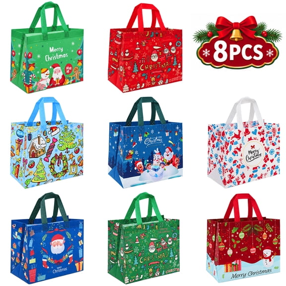 Christmas Gift Bags with Handles Large Reusable Christmas Treat Bags for Gifts Wrapping Shopping, Xmas Party Supplies 12.6"×9.84"×6.69" 8Pcs
