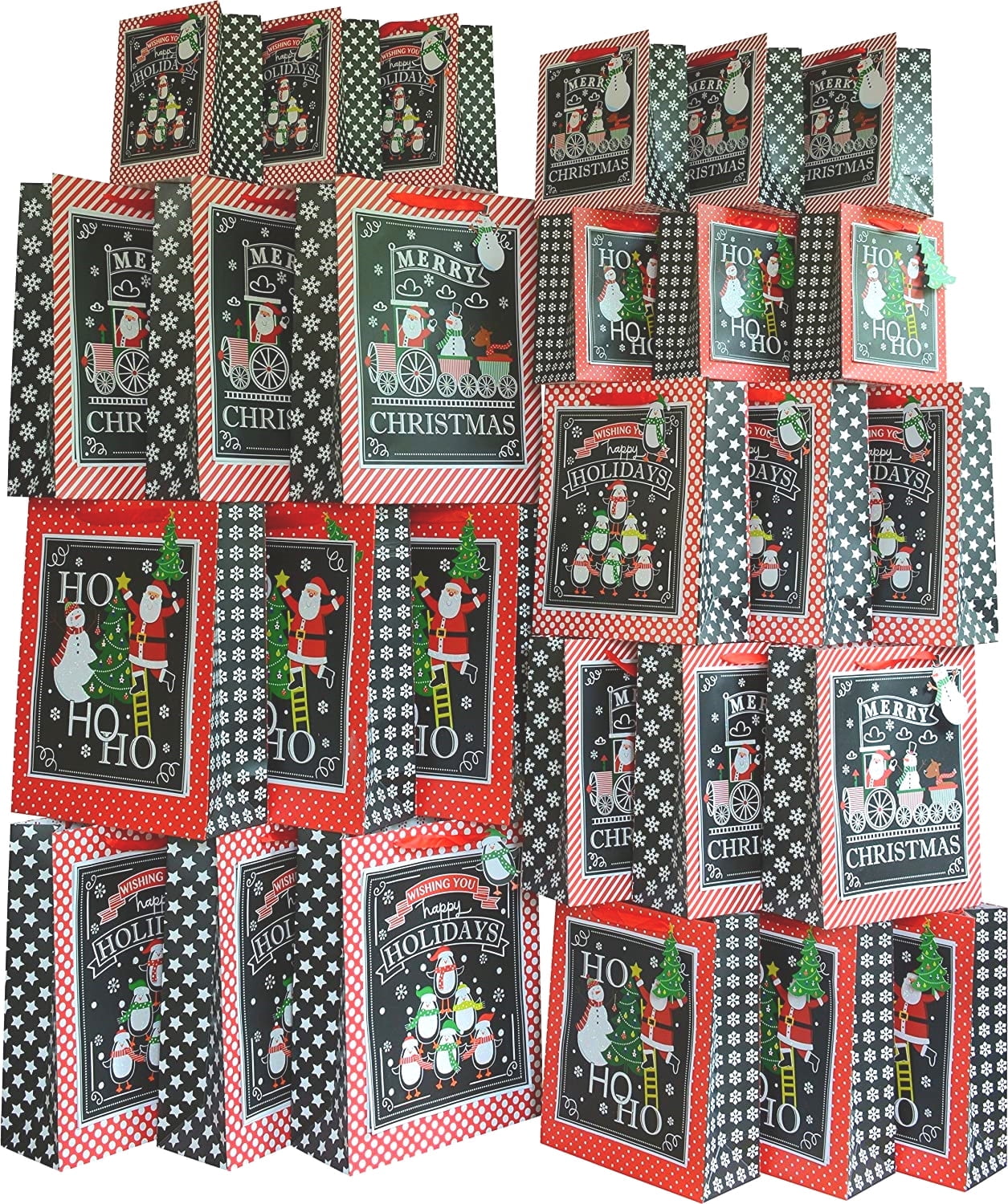 Holiday Print Assorted Christmas Gift Bags - Red and Black Paper Set