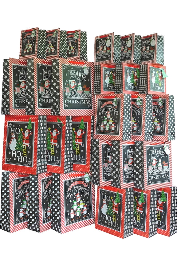 Christmas Gift Bags with Holiday Prints - Large Scale Holiday Design Packages - Easy Gift Storing & Wrapping for Christmas - Pack of 27