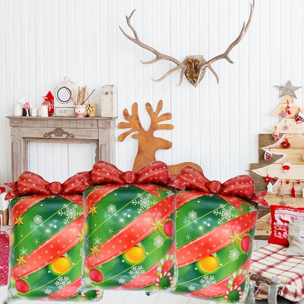 Christmas Gift Balloons Christmas Balloons Christmas Gift Foil Balloons for Christmas-Themed Party Birthday Party Supplies Decorations Party Decorations Balloons Party Sets, 3PCS