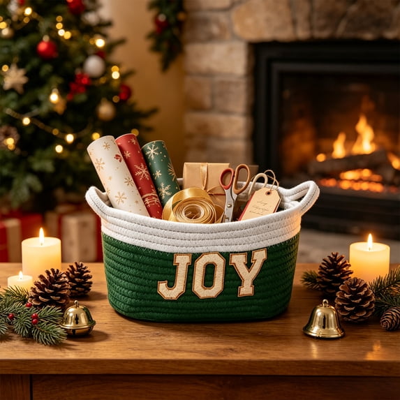 Christmas Gift Basket,Cotton Woven Xmas Decoration Storage Organizer,Holiday Rope Woven Decor, Christmas Decoration Basket with Handle for Xmas Festive Home Party Supply