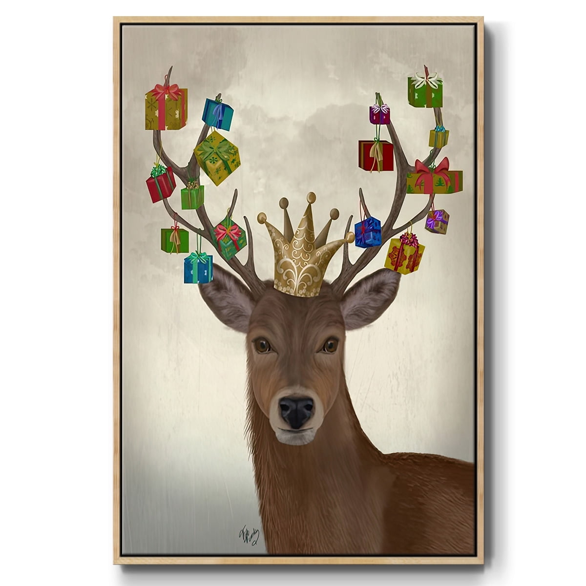 Christmas Gift Bearing Deer - Framed Gallery Wrapped Holiday Canvas - 17 x 25 - Natural Wood Frame