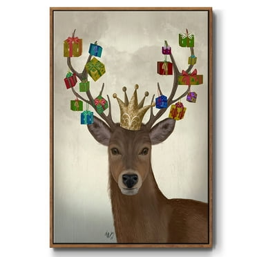 Christmas Gift Bearing Deer - Framed Gallery Wrapped Holiday Canvas - 17 x 25 - Rosewood Frame