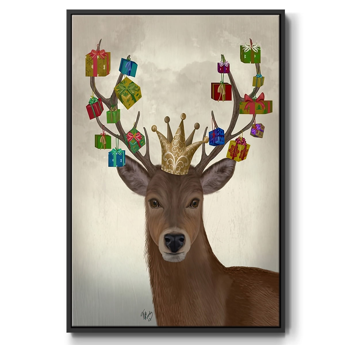 Christmas Gift Bearing Deer - Framed Gallery Wrapped Holiday Canvas - 25 x 37 - Black Frame