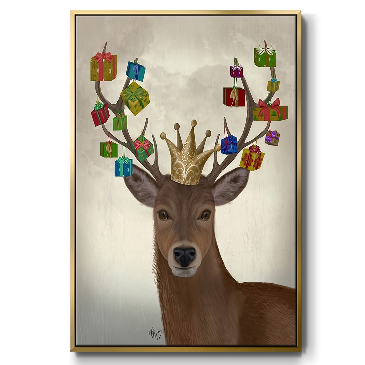 Christmas Gift Bearing Deer - Framed Gallery Wrapped Holiday Canvas - 25 x 37 - Gold Frame