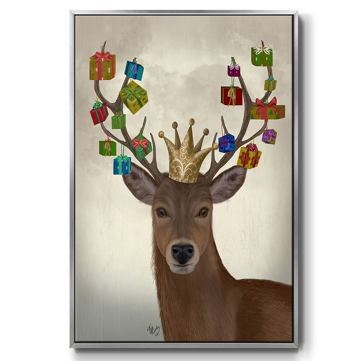 Christmas Gift Bearing Deer - Framed Gallery Wrapped Holiday Canvas - 27 x 41 - Silver Frame