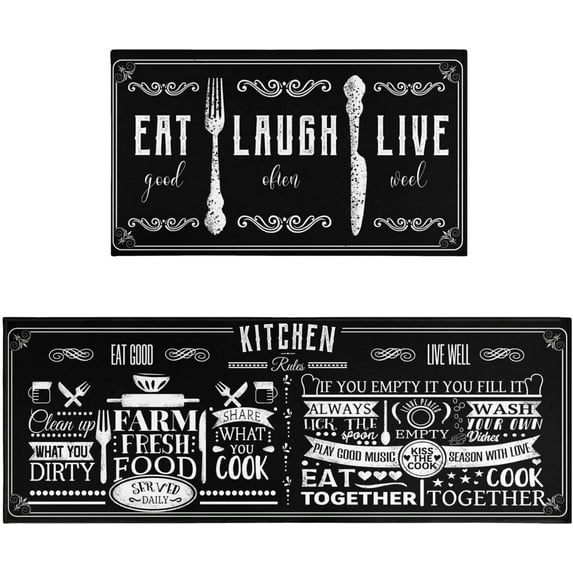 Christmas Gift Black Kitchen Rug Mat Set of 2 Black and White Kitchen Rugs Washable Kitchen Floor Mats Non Slip Black Kitchen Decor