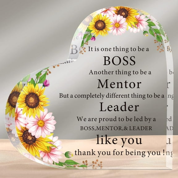 Christmas Gift for Boss Work Boss Day Gifts for Women Men Heart Shape Acrylic Plaque Thank You Boss Lady Office Desk Gift for Birthday Appreciation Retirement Sunflower 3.9x3.9 Inch