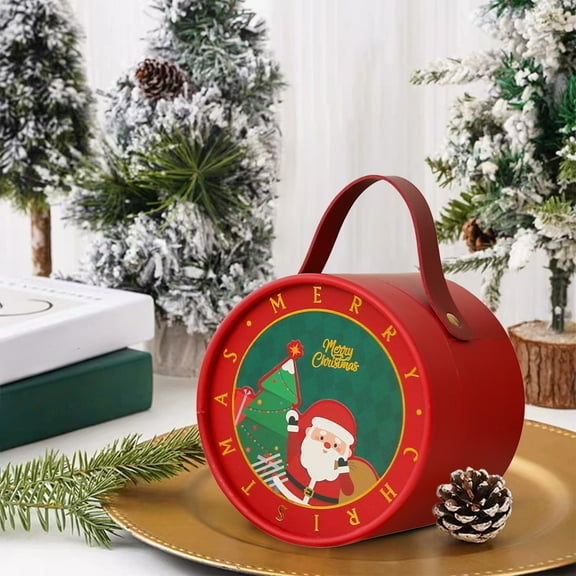 Christmas Gift Box for Apples and Candy, Santa Claus Printed Design, Spacious Cylindrical Packaging with Handle, Durable Paper Material for Holiday Gifts and Parties