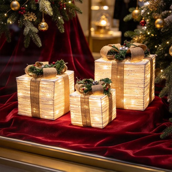 Christmas Gift Box Decor, Stacked Present Display, Coordinated Wrapped Box Arrangement for Entryway Displays and Christmas Tree Bases, Textured Metal Construction for Store Windows
