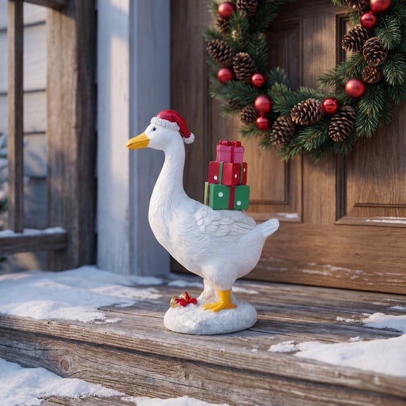 Christmas Gift Box Duck Resin Tabletop Figurine, Stable Freestanding Detailed Festive Sculpture, Holiday Decorative Centerpiece for Entryway Desk Porch Indoor Outdoor Christmas Layout