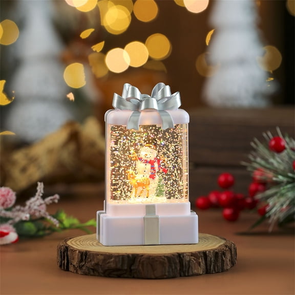 Christmas Gift Box Shaped Snow Globe, Sparking Snow Globe with LED Light, Battery Operated Glitter Globe for Xmas Home Decoration Holiday Party Gift