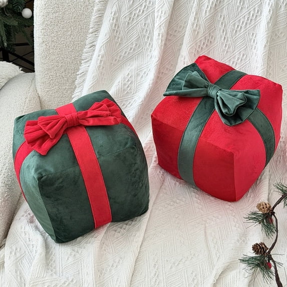 Christmas Gift Box Shaped Throw Pillow, Velvet Bow Decor, Red or Green Cushion for Sofa Couch Bed, 7.9-Inch