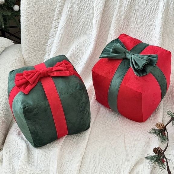 Christmas Gift Box Shaped Throw Pillow, Velvet Bow Decor, Red or Green Cushion for Sofa Couch Bed, 7.9-Inch