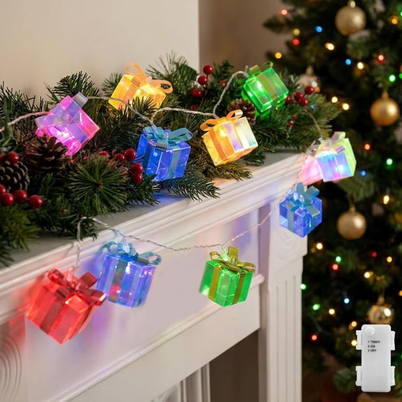 Christmas Gift Box String Lights with Timer, 6.5ft 10 LED Iridescent Christmas Decoration, Battery Operated Fairy Lights for Xmas Tree Decor Fireplace Mantel Stairs Room Party (Multicolor)