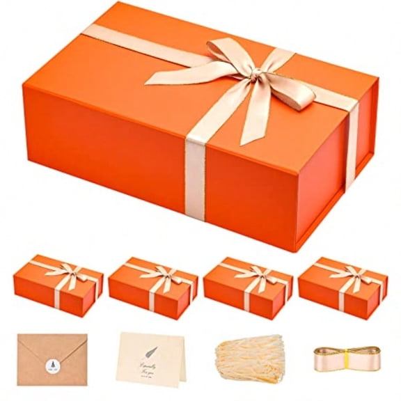 Christmas Gift Boxes 13.85 x 8.35 x 4.45 inch 5 Pack Gift Boxes with Lids Contains Card Ribbon Shredded Paper Filler Orange