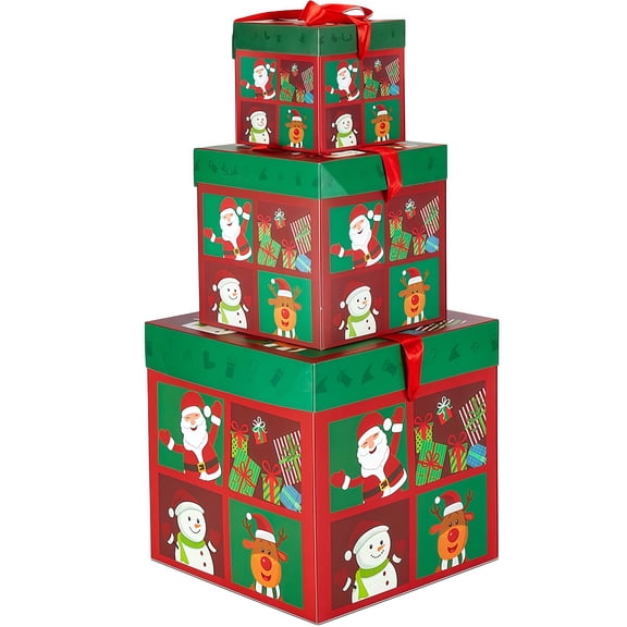 Christmas Gift Boxes, 3 Pcs Christmas Gift Boxes with Lids Set (4/6/8 inch), Christmas Boxes for Gift Wrapping Holiday Present Birthday, Assorted Size