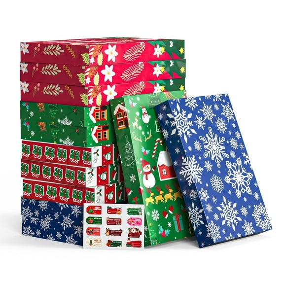 Christmas Gift Boxes with Lids, 12 Pack Patterned Shirt Clothes Boxes(12 Clothing Gift Boxes, 4 Designs: 3 Pieces Per Design & 1 Christmas Label Sticker) for Christmas Wrapping