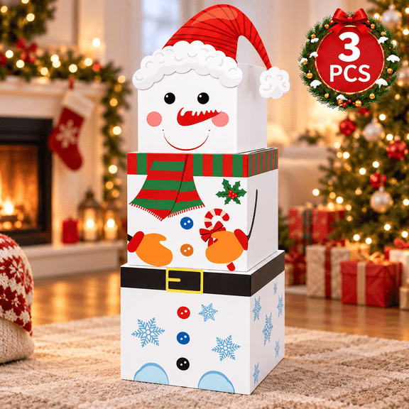Christmas Gift Boxes, Snowman Stackable Holiday Gift Boxes with Red Hat and Scarf, Decorative Christmas Storage Boxes for Presents, Party Decor and Home Decorations 3PCS