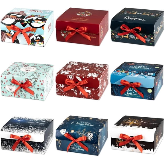 Christmas Gift Boxes with Lids, 9 Pack Gift Box and Red Ribbon Christmas Themed