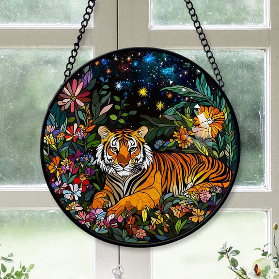 Christmas Gift Bundle - Botanical Tiger Painting Xmas Stained Glass Hanging Ornament - Warm White Lights Tree Decoration, Gift for Family & Friends, Keepsake 2025