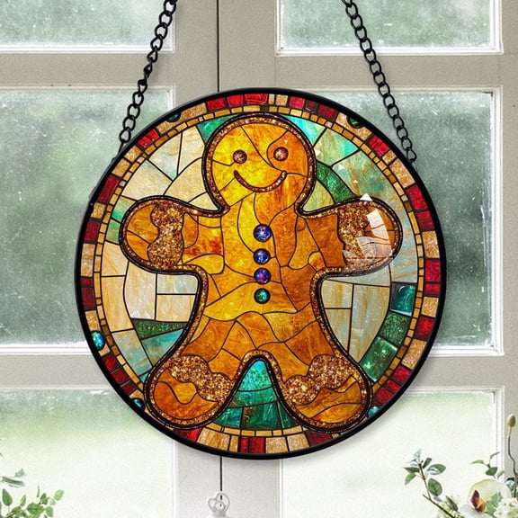 Christmas Gift Bundle - Christmas Snow Gingerbread Man Stained Glass Hanging Ornament - Merry & Bright Xmas Tree Decor, Holiday Gift for Family & Friends