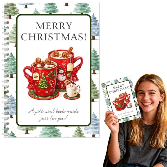 Christmas Gift Card Book, 14 Pages Spiral Bound Holiday Journal, Illustrated Scrapbook, Xmas Present and Desktop Holiday Decoration, Cup