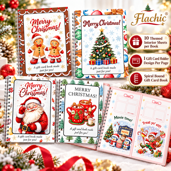 Christmas Gift Card Book, 4 Pack Spiral Bound Gift Card Holder Books with 10 Themed Sheets Each for Holiday Gifts, Family, Friends & Coworkers
