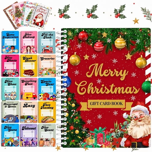 Christmas Gift Card Book for Adults, Spiral Bound Merry Cash Greeting Card,5x7 Spiral Gift Cards Book with 10/15 Themed Holder Pages, DIY Christmas Stocking Stuffer for Family, Friends