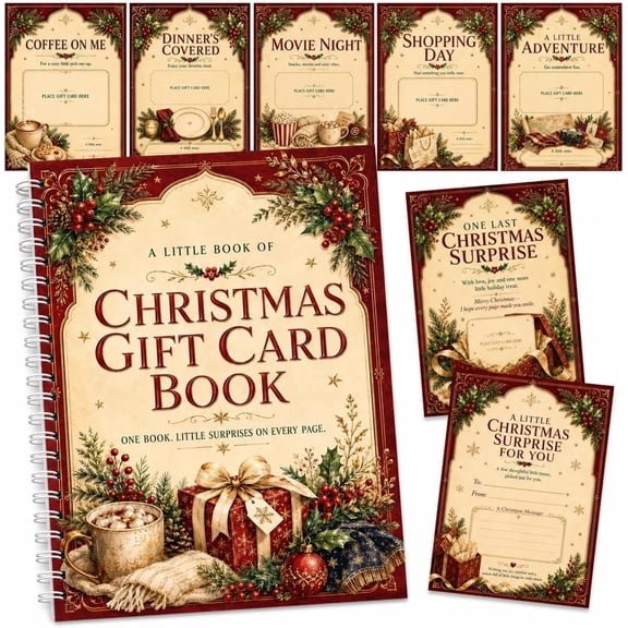 Christmas Gift Card Book for Adults, 12 Themed Page Gift Card Holder Album with Adhesive Dots, 8 x 8 in, Holiday Stocking Stuffers, Family Exchange
