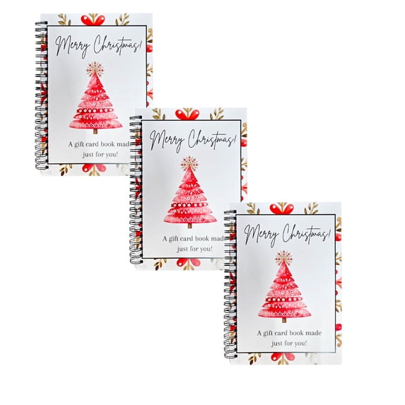 Christmas Gift Card Booklet 3 Pack, Spiral Bound Holders with 10 Pages, Red Tree Design for Holiday Giving