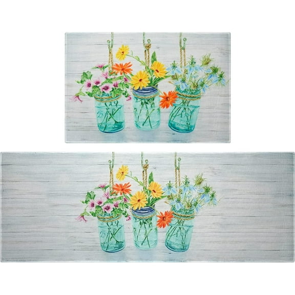 Christmas Gift Floral Farmhouse Kitchen Rugs Set 2 Piece Colorful Spring/Summer Flowers Decorative Rugs for Kitchen Low-Profile Floor Mats Decorations for Home Kitchen (17"x48"+17"x24")