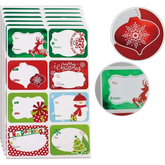 Christmas Gift Foil Stickers Tags 80 Count, 8 Foil Designs for Xmas Present Name Labels