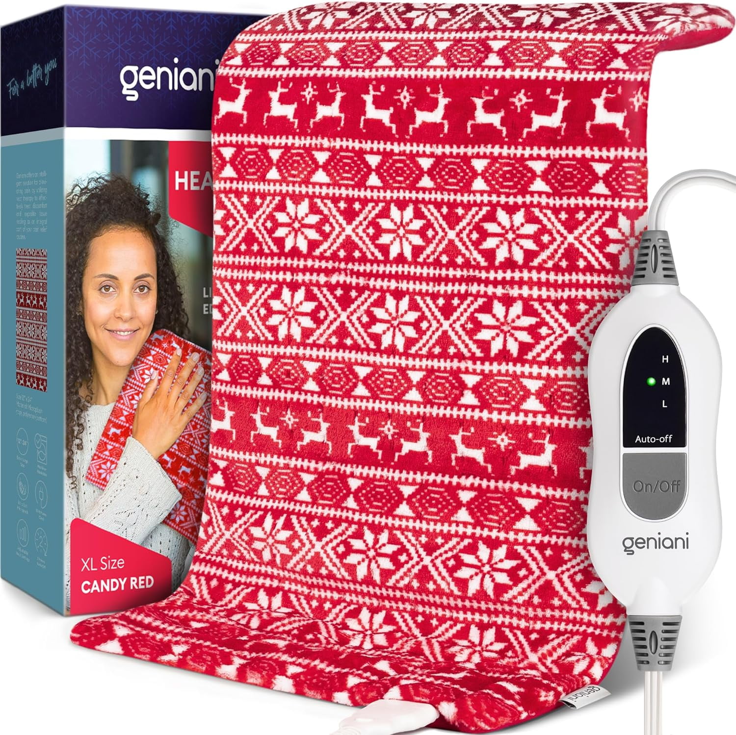 Christmas Gift GENIANI XL Heating Pad for Lower Back Pain & Period Cramps Relief, Auto Shut Off, Machine Washable Heat Pad, Christmas Gifts for Men & Women, Mom, Father (Candy Red)