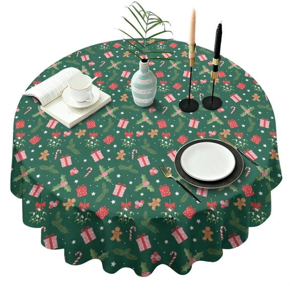 Christmas Gift Gingerbread Man Green Pattern Round Tablecloth, Fits 60-Inch Table, Stain & Wrinkle Resistant, Washable Polyester, Kitchen, Wedding, Party